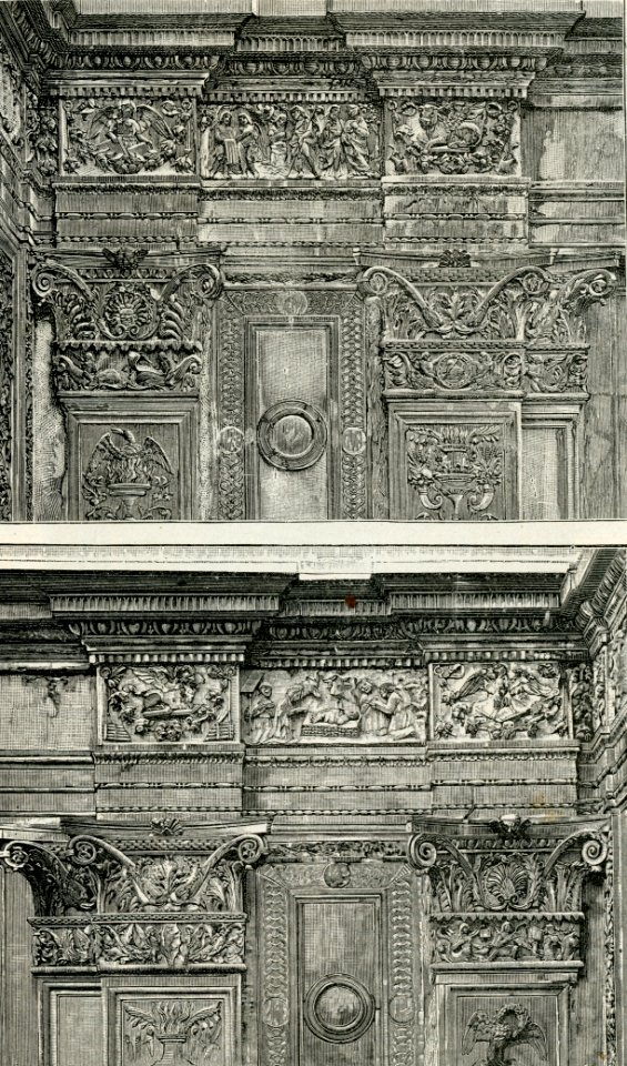Brescia chiesa di Santa Maria dei Miracoli dettagli della parte destra e della parte sinistra della facciata xilografia