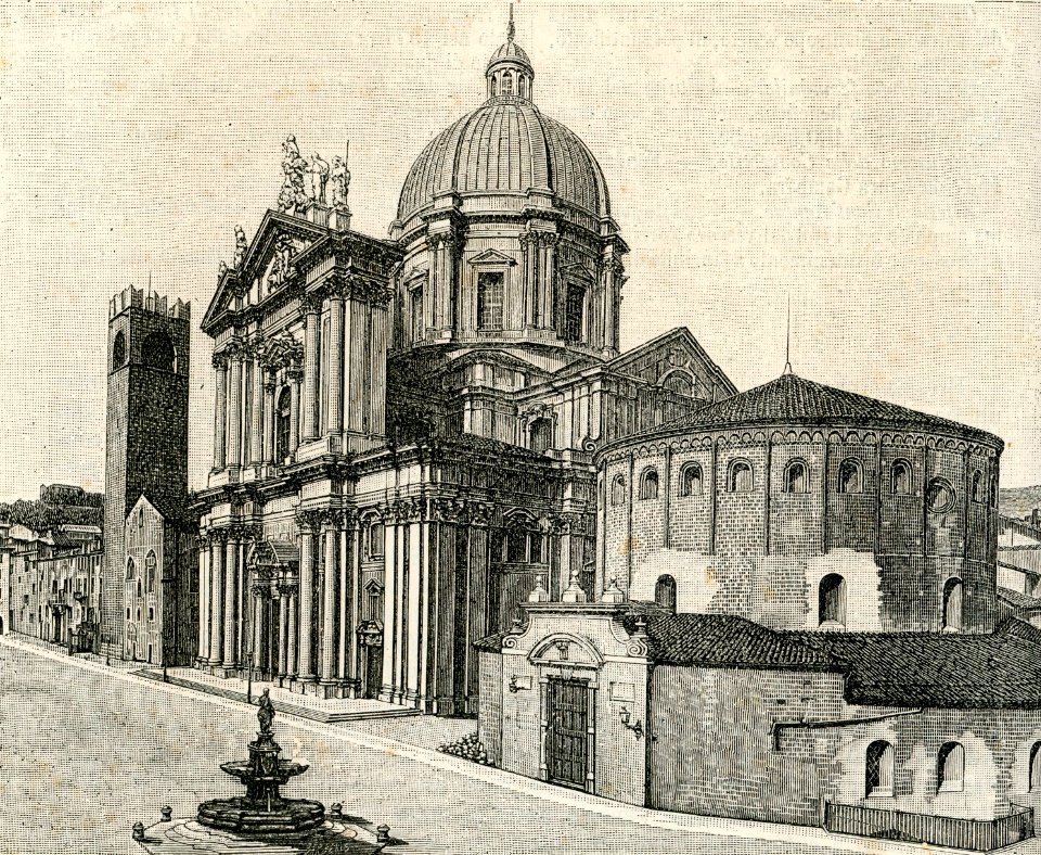 Brescia duomo nuovo o cattedrale e duomo vecchio xilografia di Barberis