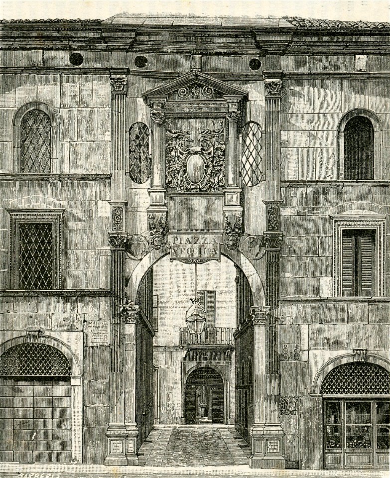 Brescia porta o arco e finta finestra del Monte di Pietà xilografia di Barberis