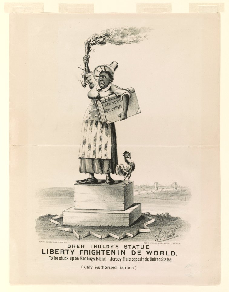 Brer Thuldy's Statue Liberty frightenin de world- To be stuck up on Bedbug's Island-Jarsey Flats, opposit de United States. (Only authorized edition) LCCN90712475