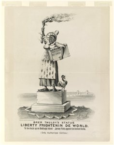 Brer Thuldy's Statue Liberty frightenin de world- To be stuck up on Bedbug's Island-Jarsey Flats, opposit de United States. (Only authorized edition) LCCN90712475