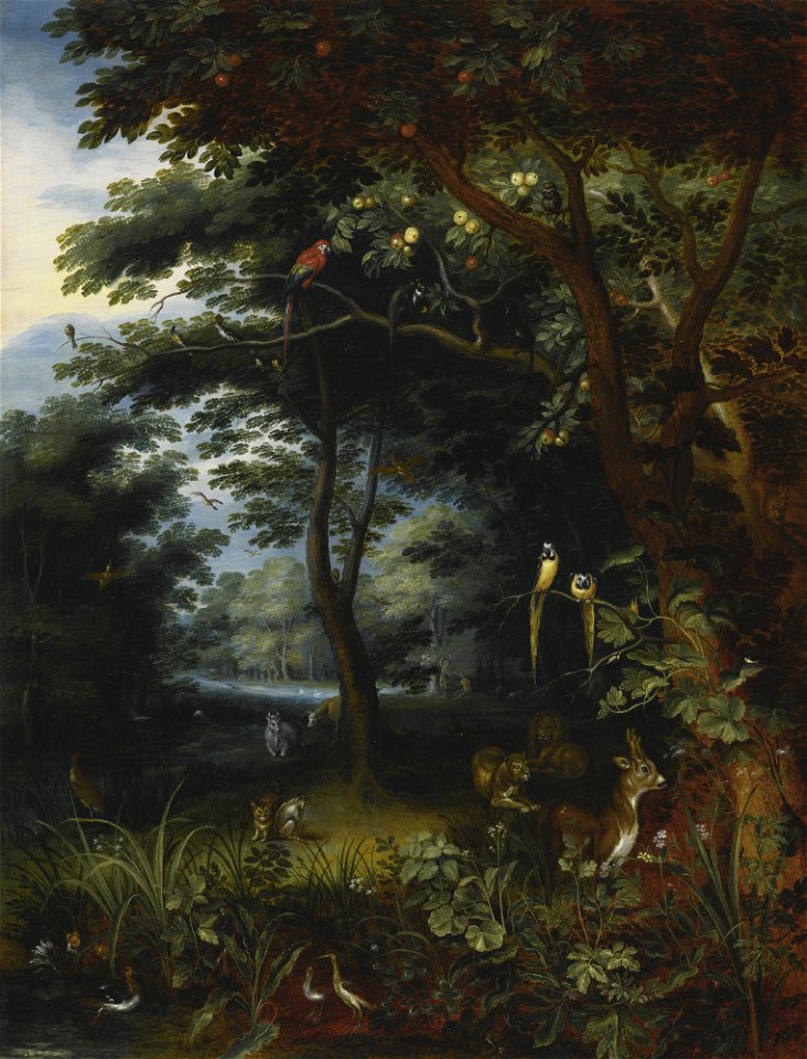 Attributed to Jan Breughel the Younger The Garden of Eden with two Depictions of Adam and Eve