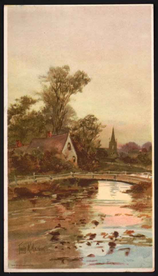 Bridge over a stream, with a cottage and a church in the background) - Louis K. Harlow LCCN2016652376
