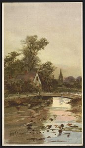 Bridge over a stream, with a cottage and a church in the background) - Louis K. Harlow LCCN2016652376