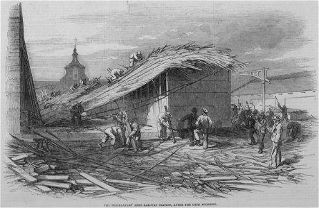 Bricklayers Arms station, collapsed roof, 1850. Free illustration for personal and commercial use.