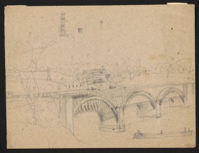 Bridge overlooking cluster of buildings LCCN2016645926