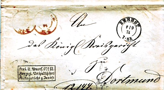 Brief nach Dortmund Freistempelung Zerbst 1874
