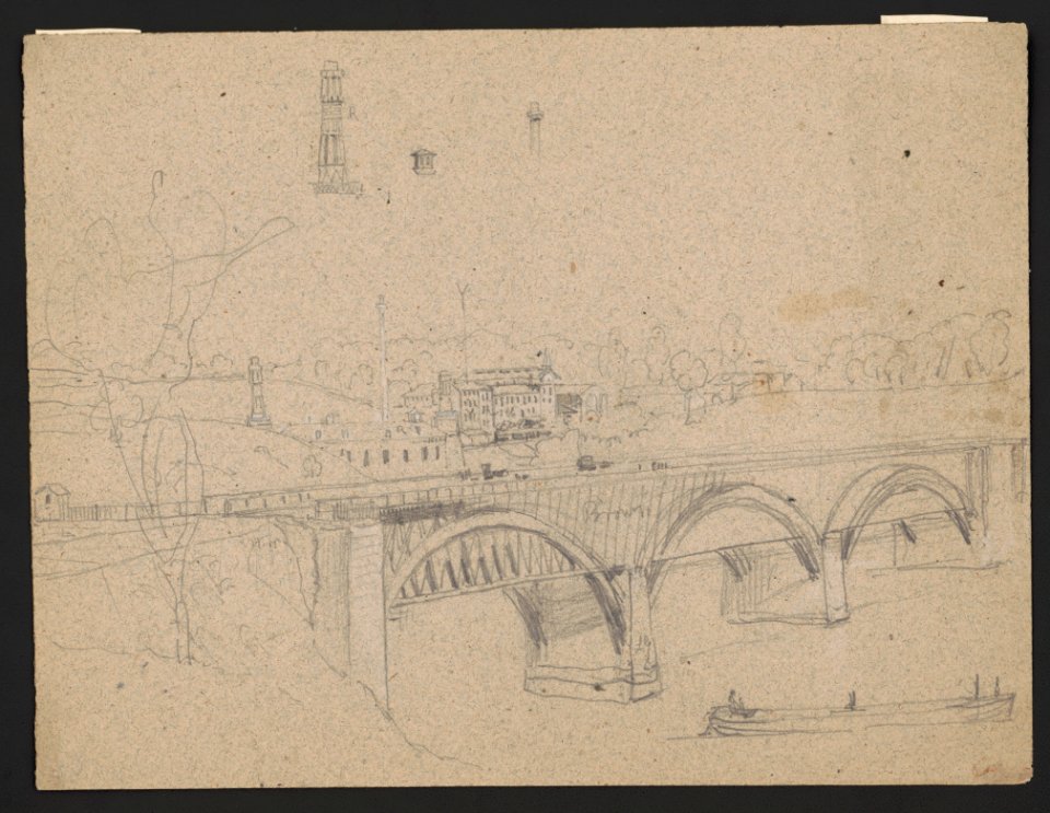 Bridge overlooking cluster of buildings LCCN2016645926