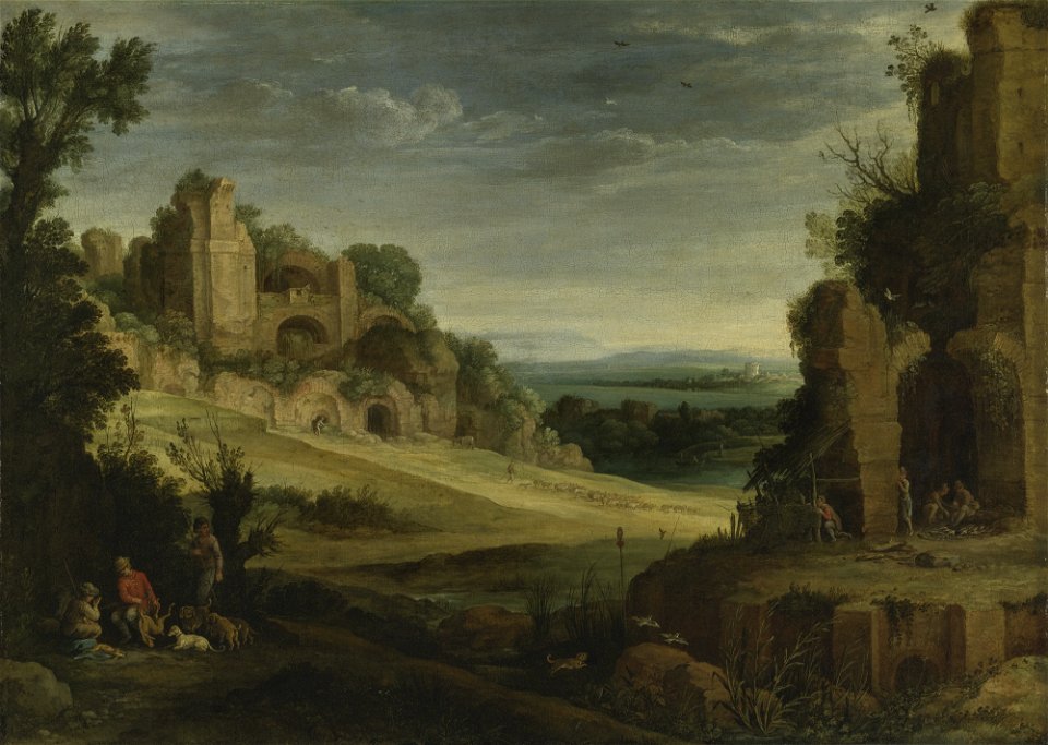Paul Bril - Landscape with a hunting party and Roman ruins