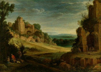Paul Bril - Landscape with a hunting party and Roman ruins