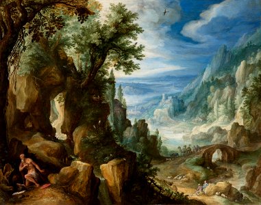 Paul Bril - landscape with St. Jerome and rocky crag. Free illustration for personal and commercial use.