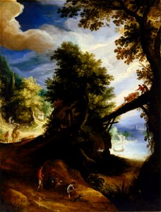 Paul Bril - A wooded landscape with a bridge and sportsmen at the edge of the river - Google Art Project. Free illustration for personal and commercial use.