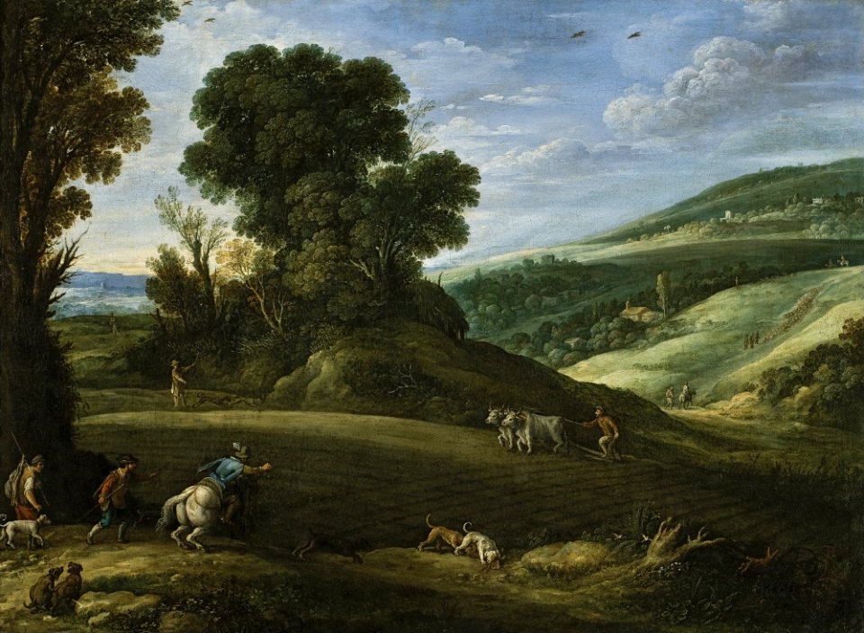 Paul Bril - An extensive landscape with hunters crossing a field (1620)