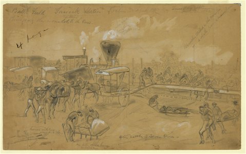 Bringing wounded soldiers to the cars after the battle of Seven Pines LCCN2004661345