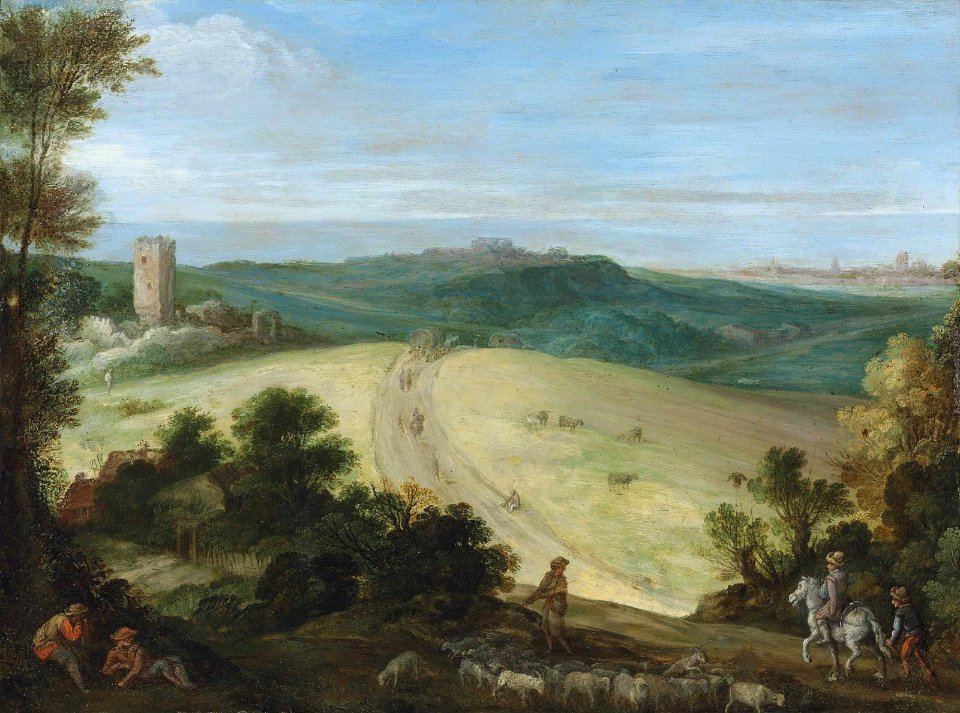 Paul Bril - An extensive wooded landscape with a shepherd and his flock (1580)