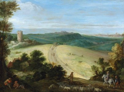 Paul Bril - An extensive wooded landscape with a shepherd and his flock (1580)