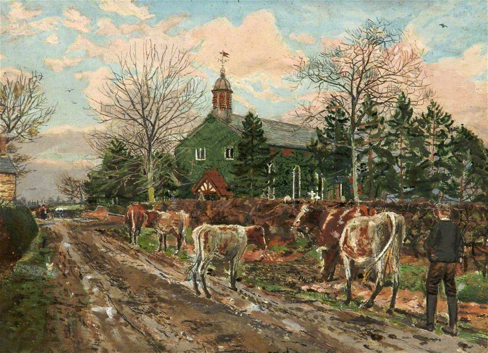 British (English) School - A Boy Herding Cows outside a Church - 1452204 - National Trust