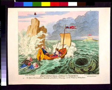 Britannia between Scylla & Charybdis. or - The vessel of the Constitution steered clear of the Rock of Democracy, and the Whirlpool of Arbitrary-Power - Js. Gy. desn. et fect. pro bono LCCN94509857