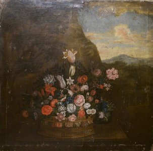 British (English) School - An Arrangement of Garden Flowers with a Landscape in the Background - 726084 - National Trust