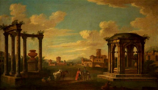 British (English) School - A Vaguely Italianate Landscape with Antique Ruins (Sheep and a Sportsman Accosted by a Gypsy and Her Children) - 500453 - National Trust