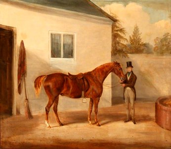 British (English) School - A Gentleman and His Chestnut Horse outside a Stable - 445332 - National Trust