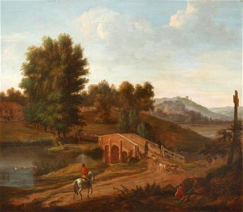 British (English) School - Classical River Landscape with a Stone Bridge and a Distant Castle on a Hill, with a Horseman on a Road - 1548004 - National Trust