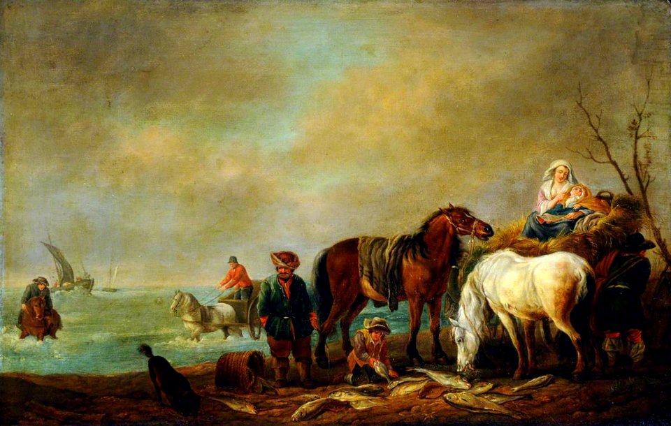 British (English) School - Fishermen and Horses in a River Landscape - 290224 - National Trust