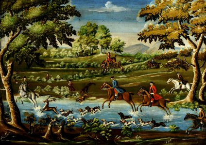 British (English) School - Huntsmen and Hounds Crossing a River in Pursuit of a Deer - 709328 - National Trust