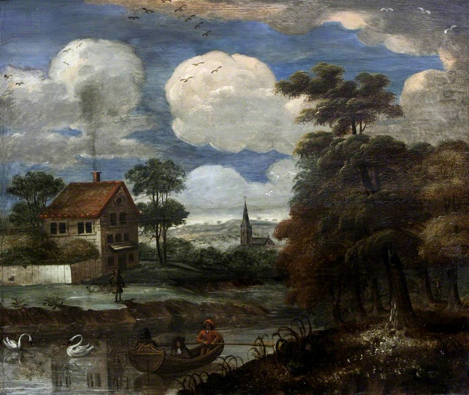 British (English) School - River Landscape with a Boat, Swans, a House and a Church - 414264 - National Trust