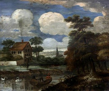 British (English) School - River Landscape with a Boat, Swans, a House and a Church - 414264 - National Trust