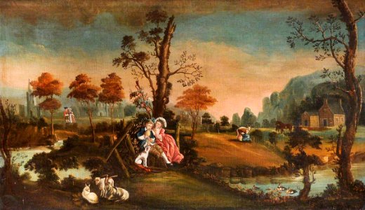 British (English) School - Rustic Landscape with Courting Couples and Goats, a House and Church beyond - 1548191 - National Trust. Free illustration for personal and commercial use.