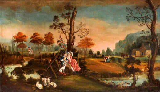 British (English) School - Rustic Landscape with Courting Couples and Goats, a House and Church beyond - 1548191 - National Trust