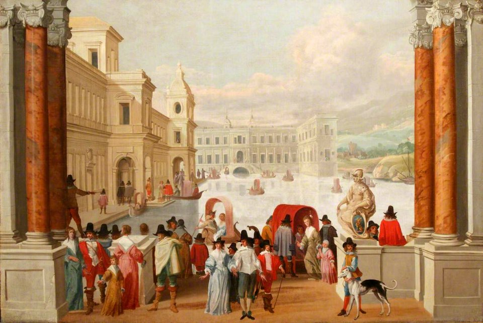British School - A Palace Exterior with Boats and Figures (pastiche of Dirck van Delen) - 429027 - National Trust
