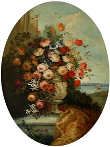 British School - Flowers in a Sculptured Marble Urn with a Ship in the Background - 207782 - National Trust