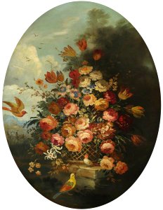 British School - Flowers in a Wicker Basket with Three Small Birds - 207785 - National Trust