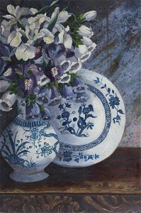 British School - Irises, Orchids and Foxgloves in a Chinese Vase with a Chinese Plate - 1401344 - National Trust