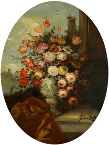 British School - Flowers in a Sculptured Marble Urn with Classical Ruins in the Background - 207783 - National Trust