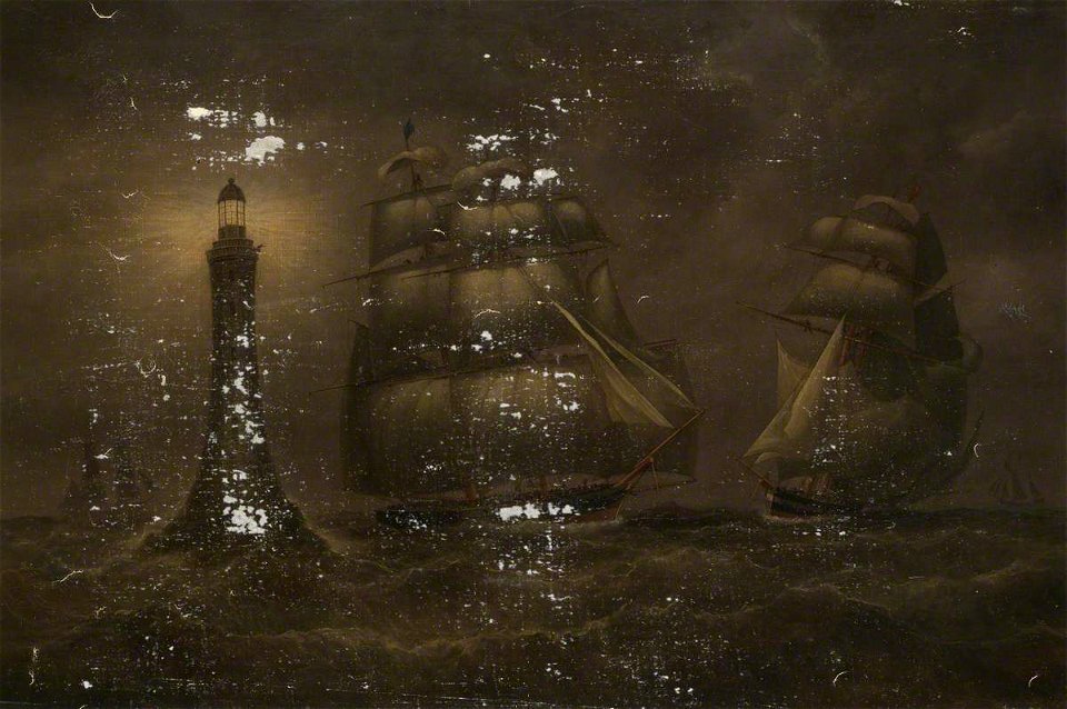 British School - Ships at Night near a Lighthouse - BHC3827 - Royal Museums Greenwich