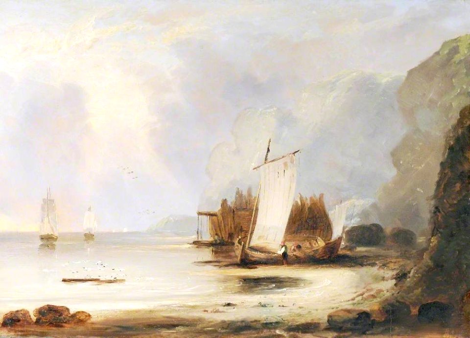 British School - Men-of-War Becalmed at Anchor, with Fishermen and Boats on the Beach - 1175963 - National Trust