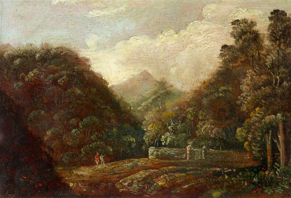British School - Wooded Landscape with Two Figures by a Stone Wall with a Gate - 515720.4 - National Trust