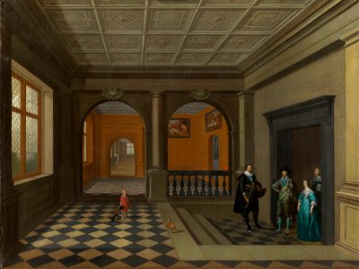 British School, 17th century - An interior with Charles I, Henrietta Maria, The Earls of Pembroke and Jeffery Hudson - RCIN 405296 - Royal Collection