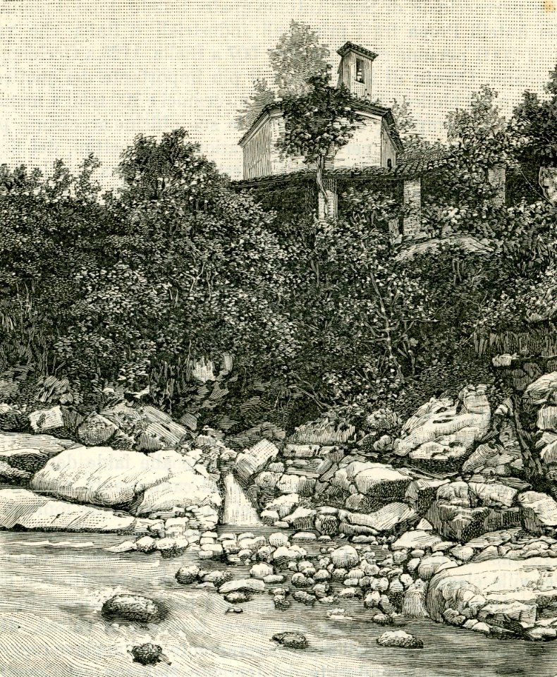 Chiesa e ponte della Trinità in Sagliano Micca xilografia