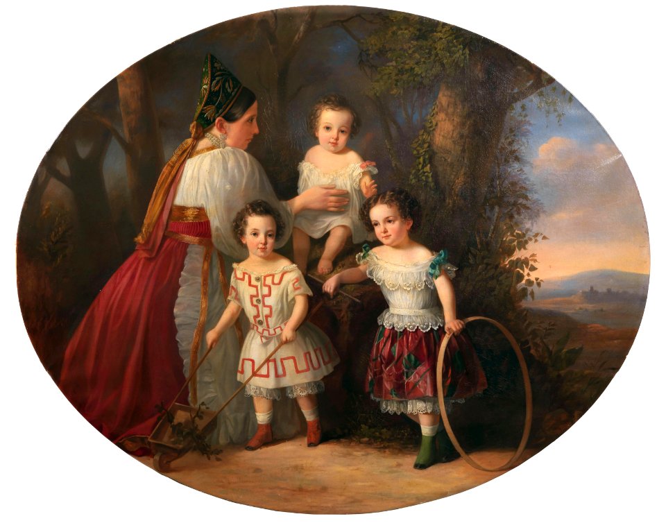 Children with their nanny in a Russian costume