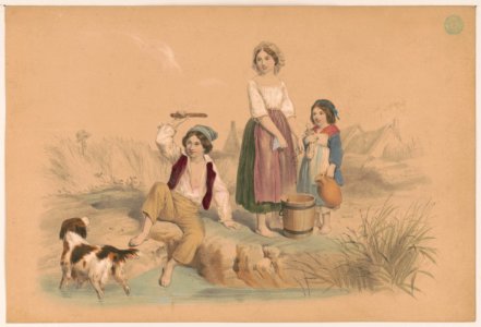 Children playing with a dog at the edge of a pond LCCN2013646786