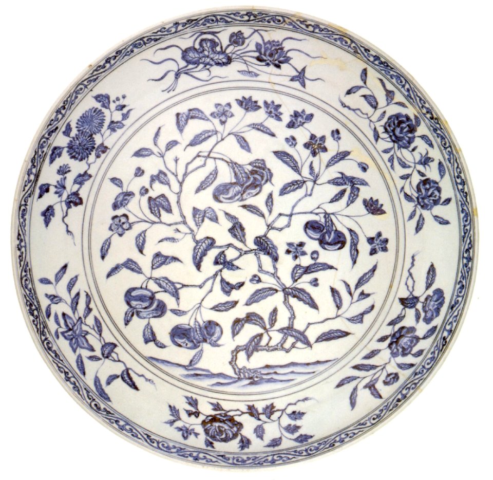 Chinese dish, Ming dynasty, Yung-lo period (1403-1424), porcelain with underglaze blue, 23 in. (58.4 cm.) diameter, Honolulu Academy of Arts