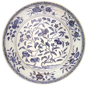 Chinese dish, Ming dynasty, Yung-lo period (1403-1424), porcelain with underglaze blue, 23 in. (58.4 cm.) diameter, Honolulu Academy of Arts