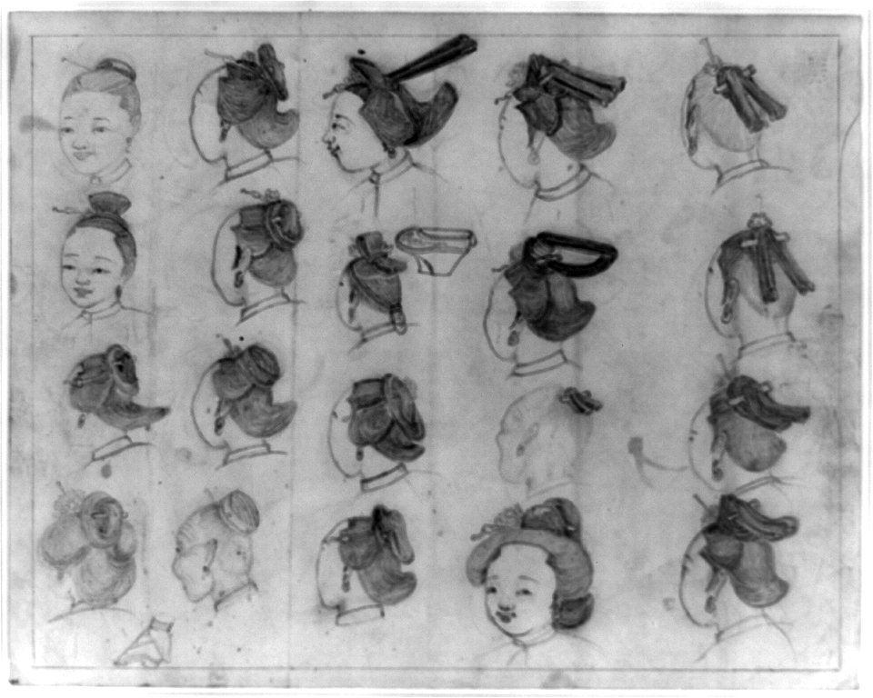 Chinese women's hairstyles and faces; also shows sketch of a bound foot LCCN2011660598