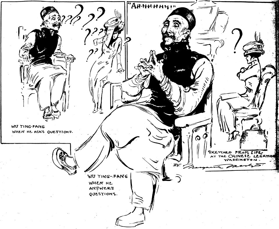 Chinese minister Wu Tingfang being interviewed by Marguerite Martyn, 1909