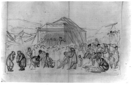 Chinese market day bazaar, with a performance taking place on a stage in the background LCCN2011661257