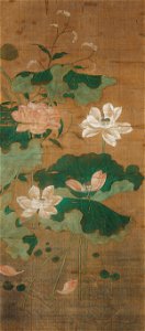 Chinese, ‘Pink and White Lotus’, 14th century China, Yuan dynasty (1279–1368), Hanging scroll; mineral pigments on silk, Kimbell Art Museum. Free illustration for personal and commercial use.